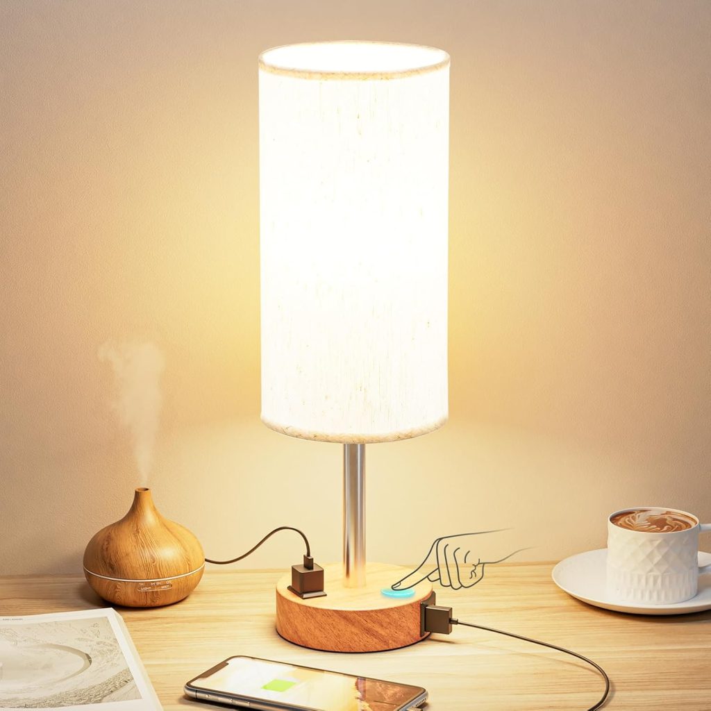 Fenmzee 3-Way Dimmable Bedside Table Lamp with USB-C Charging Ports & AC Outlet